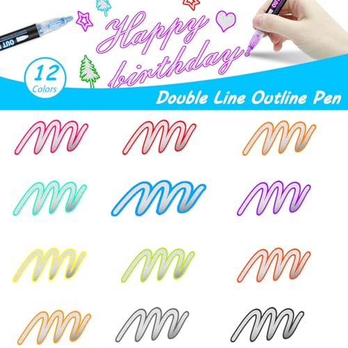 Outline Markers Self-outline Metallic Markers, 12 Colors Double Line Outline Markers, Super Squiggles Shimmer Outline Glitter Pen Set for Christmas Hoxida