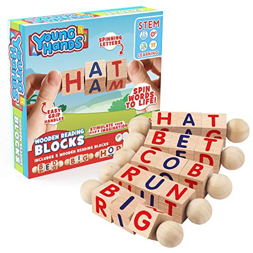 Creative Kids Wooden Reading Blocks - Set of 5 Spinning Alphabet Blocks w/ Easy-Grip Handles - Kindergarten Preschool Learning Activities Letter Work - WoodArtSupply