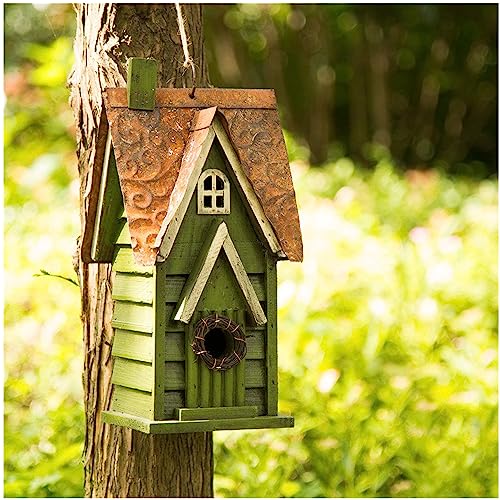 Glitzhome 12" H Green Hanging Distressed Solid Wood Garden Bird House Decoratvie Birdhouse - WoodArtSupply