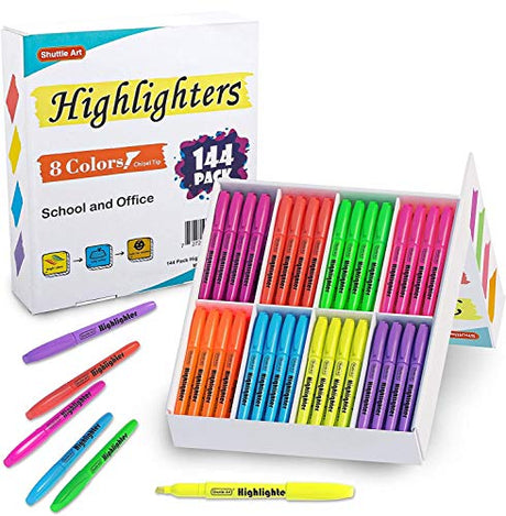 Shuttle Art 144 Pack Highlighters, Highlighters Assorted Colors Set, 8 Bright Colors Chisel Tip Highlighter Markers Bulk for Kid and Adult Coloring, Shuttle Art