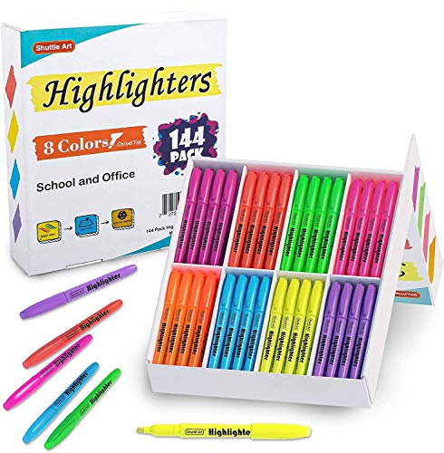 Shuttle Art 144 Pack Highlighters, Highlighters Assorted Colors Set, 8 Bright Colors Chisel Tip Highlighter Markers Bulk for Kid and Adult Coloring, - WoodArtSupply