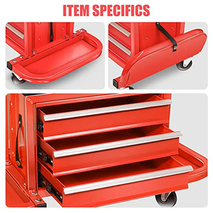 DNA MOTORING TOOLS-00261 3-Drawer Chest Rolling Mechanic Seat with Tool Trays,350lbs Max Weight Capacity,Red - WoodArtSupply