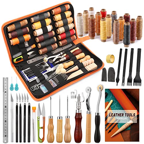 BUTUZE Leather Working Tools, Leather Tool Kit, Practical Leather Craft Kit with Waxed Thread Groover Awl Stitching Punch Hole for Leathercraft BUTUZE