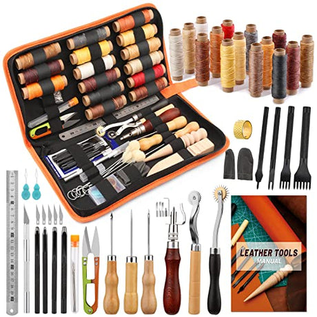 BUTUZE Leather Working Tools, Leather Tool Kit, Practical Leather Craft Kit with Waxed Thread Groover Awl Stitching Punch Hole for Leathercraft BUTUZE
