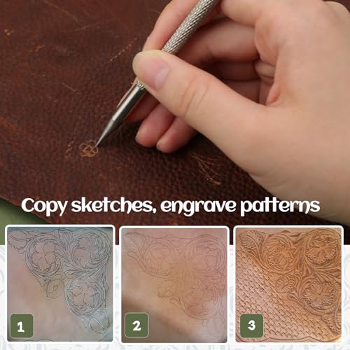 QMNNMA Leather Scriber Pen, Pointy Stainless Steel Picker Pen with Leather Carving Pattern Description Paper for DIY Crafts, Leather Line Description QMNNMA