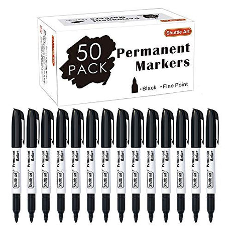 Shuttle Art Permanent Markers, 50 Pack Black Permanent Marker set,Fine Point, Works on Plastic,Wood,Stone,Metal and Glass for Doodling, Marking Shuttle Art