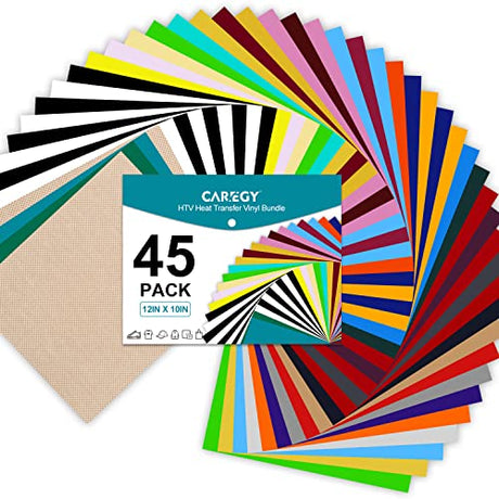 CAREGY HTV Vinyl Bundle Heat Transfer Vinyl 12"x10" - 45 Pack Includes 30 Pack Assorted Colors Sheets and 2 Sheets Teflon, Iron On Vinyl for DIY CAREGY