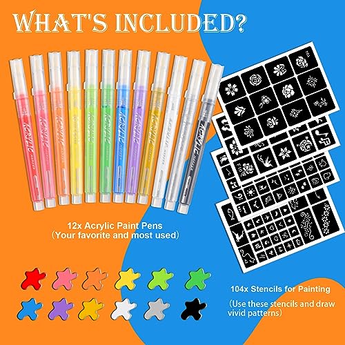 ANTIKE 12 Colors Washable Acrylic Markers Paint Pens Set with 104 Stencils,Acrylic Paint Pens for Rock - WoodArtSupply