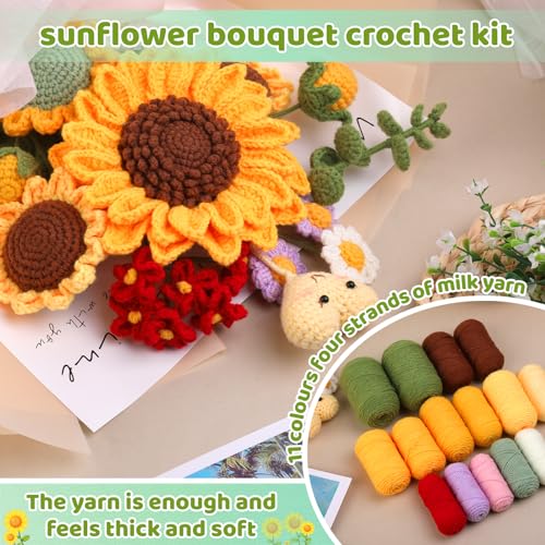 Iuuidu Crochet Kit for Beginners, Sunflower Beginners Crochet Kit, Crochet Flower Bouquet Kit, Knitting Starter Kit for Adults with Step-by-Step Iuuidu