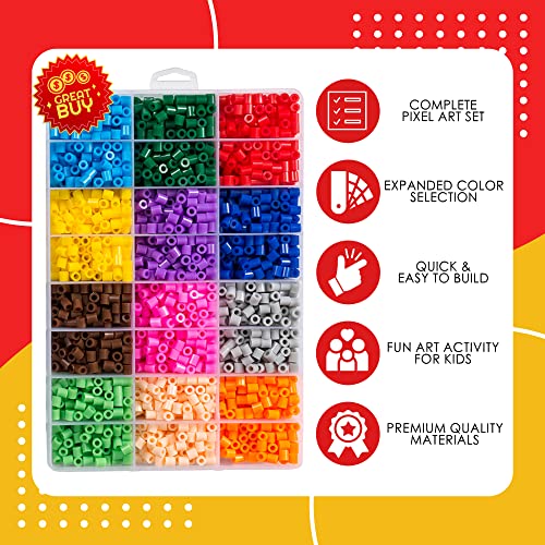 EVORETRO Fuse Beads kit in a Box, 14 Exclusive Colors 6,800 Pixel Perler Beads with 4 Interlocked peg Boards, Pliers, Extra 2 Bags Black & 1 Bag