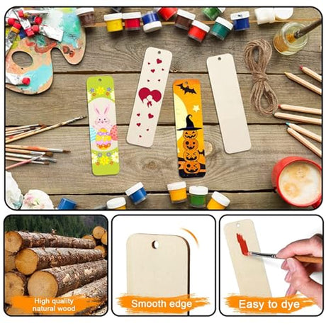 HERCHR Wood Blank Bookmarks,50Pcs Rectangle Blank Hanging Tags Unfinished Wooden Book Markers Wooden Craft Bookmark for Bookmark Gift DIY HERCHR