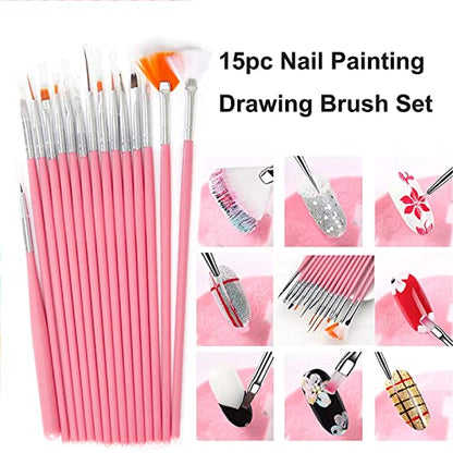 Lifextol 15pc Nail Art Painting Brush Pen Tools Kit 5PC Nail Dotting Pens 3PC Nail Rhinestone and Manicure Tape Nail UV Gel Drawing Brushes Set for