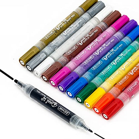 ZEYAR Dual Tip Paint Pens, Medium and Extra Fine, Water Based Acrylic & Waterproof Ink, Assorted Colors, Works on Rock, Wood, Glass, Metal, Ceramic ZEYAR