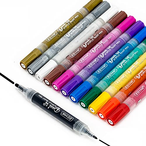 ZEYAR Dual Tip Paint Pens, Medium and Extra Fine, Water Based Acrylic & Waterproof Ink, Assorted Colors, Works on Rock, Wood, Glass, Metal, Ceramic - WoodArtSupply