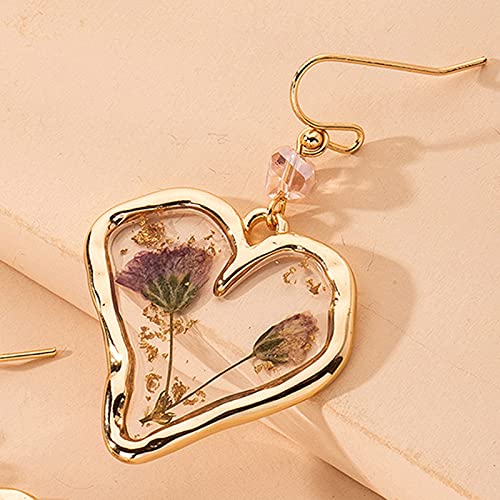 Pressed Flower Love Heart Dangle Earrings Daisy Dandelion Dry Flowers Setting Inside Resin Golden Fashion Earrings for Women Girls-Heart Shape - WoodArtSupply