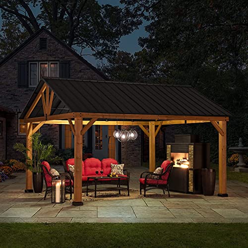 Sunjoy Wood Gazebo 13 x 15 ft. Outdoor Patio Premium Cedar Frame Gazebos with Matte Black Steel Gable Hardtop Roof for Garden, Backyard Shade, Black