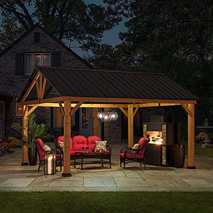 Sunjoy Wood Gazebo 13 x 15 ft. Outdoor Patio Premium Cedar Frame Gazebos with Matte Black Steel Gable Hardtop Roof for Garden, Backyard Shade, Black