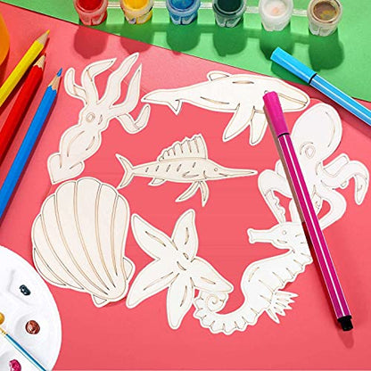 Unfinished Wood Cutouts Ocean Animals Wooden Paint Crafts Animal Wood Pieces, 16 Styles Sea Animal Life Cutouts, for Kid Home Decor Ornament DIY