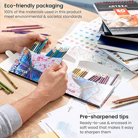 ARTEZA Metallic Colored Pencils for Adult Coloring, Set of 50 Drawing Pencils, Triangular Grip, Pre-Sharpened Pencil Set, Professional Art Supplies ARTEZA