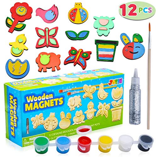 JOYIN 13 Wooden Magnet Creativity Arts & Crafts Painting Kit for Kids, Decorate Your Own Painting Gift for Easter Basket Stuffers, Birthday Parties