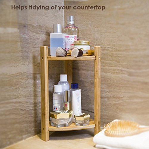 GOBAM Bamboo Shower Corner Caddy, Medium - 2 Tier Standing Shower Stand for Shampoo, Conditioner, Lotion, Soap - Caddy Organizer for Kitchen, GOBAM