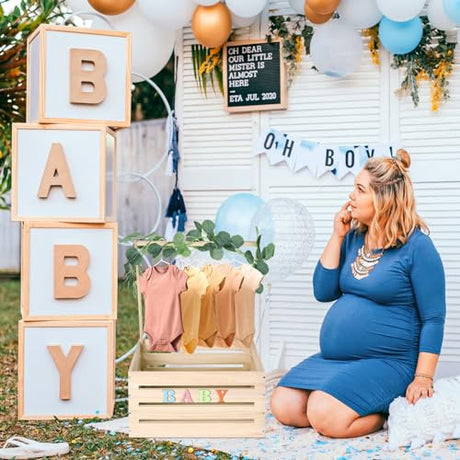 Barydat Wooden Baby Shower Crate Closet, Baby Basket with Handle and Garland, Baby Storage Crate Hamper, Baby Shower Wooden Gift Crate, Baby Letters Barydat