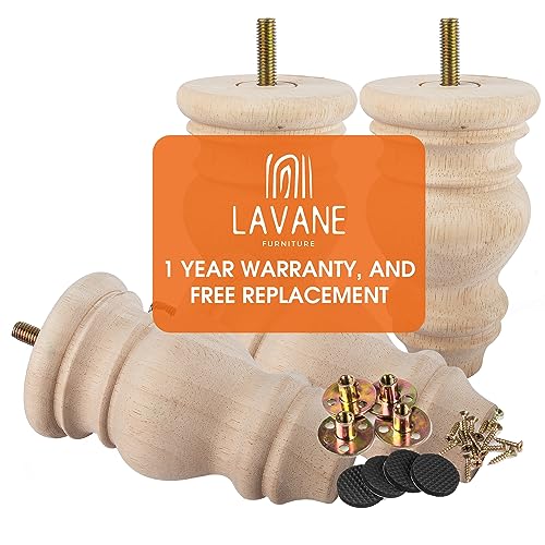 La Vane 5 inch / 12cm Unfinished Wooden Furniture Legs, 4PCS Soild Wood Turned Spindle Replacement Bun Feet with Pre-Drilled M8 Inch Bolt & Mounting La Vane