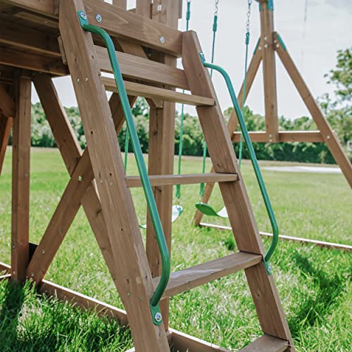 Backyard Discovery Lightning Ridge All Cedar Wooden Swing Set, Raised Clubhouse, 2 Belt Swings, 10 Inch Wave Slide, Ladder, Climbing Rock Wall Brown - WoodArtSupply