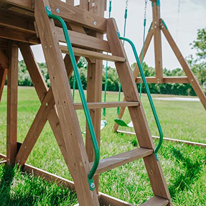 Backyard Discovery Lightning Ridge All Cedar Wooden Swing Set, Raised Clubhouse, 2 Belt Swings, 10 Inch Wave Slide, Ladder, Climbing Rock Wall Brown - WoodArtSupply