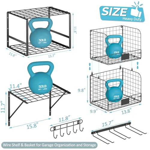 ThreeHio Garage Shelf Wall Mounted with Wire baskets, Heavy Duty Garage Wall Shelving with Garden Tool Rack and Hooks, Wire Shelf Baskets Tool ThreeHio