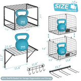 ThreeHio Garage Shelf Wall Mounted with Wire baskets, Heavy Duty Garage Wall Shelving with Garden Tool Rack and Hooks, Wire Shelf Baskets Tool ThreeHio