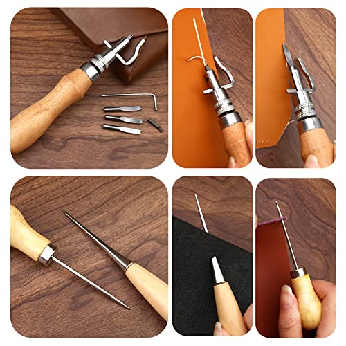 60 Pcs Leather Working Tools Leather Sewing Kit Leather Craft Tools with Storage Bag Stamping Tools Stitching Groover Waxed Thread Prong Punch for