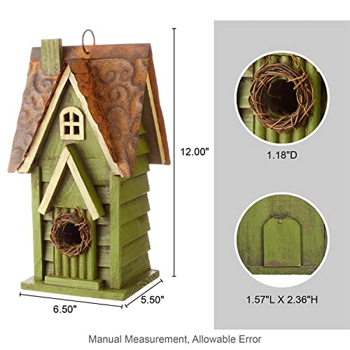 Glitzhome 12" H Green Hanging Distressed Solid Wood Garden Bird House Decoratvie Birdhouse - WoodArtSupply