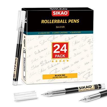 Sikao 24 Pack Black Rolling Ball Pens, Liquid Ink Rollerball Pens 0.5mm Fine Point Needle Tip for Super Smooth Writing Quick-Drying Ink No Smear