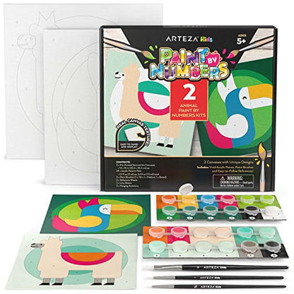 Arteza Kids Paint by Numbers Kit, 10 x 10 Inches, Pre-Printed Animal Canvas Painting Kit with 2 Canvases, 24 Acrylic Paint Pots, 3 Paintbrushes, Art