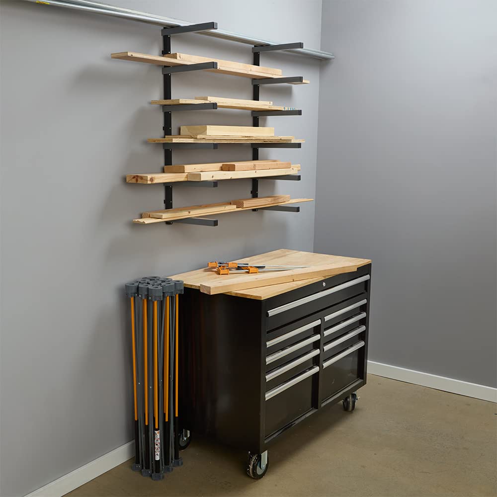 Bora Portamate Wood Organizer and Lumber Storage Metal Rack with 6-Level Wall Mount – Indoor and Outdoor Use, Black/Grey - PBR-006B Bora