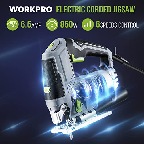 WORKPRO Jigsaw, 6.5AMP 850W Corded Electric Jig Saw Tool Kit with 6 Variable Speeds, 7 Blades, ±45° Bevel Cutting, LED Light, 3000 SPM, 4 Orbital WORKPRO