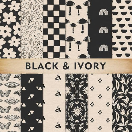 Whaline 24Pcs Boho Ivory Pattern Paper Black Beige Scrapbook Specialty Paper Vintage Double Sided Decorative Craft Paper For DIY Card Making Photo Whaline
