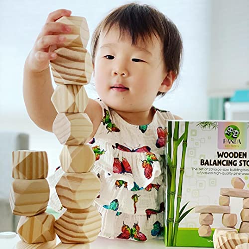 Panda Brothers Wooden Balancing Stones - Montessori Toys for 3 4 5 Year Old Kids and Toddlers Learning Sensory Toy, 20 Large Size Wooden Building - WoodArtSupply