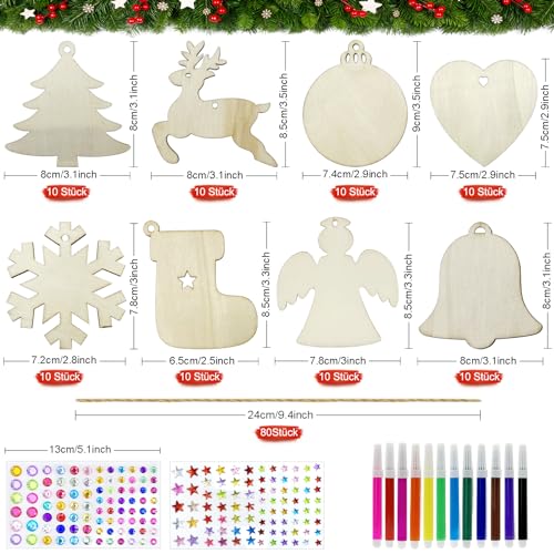 80 Pcs Wooden Christmas Ornaments for Crafts, 8 Styles Unfinished Wood Ornaments With Pens, Gem and Star Stickers, Blank Wood Christmas Tree Apragaz