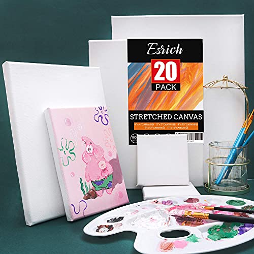 Stretched Canvas for Painting, Multi Size 11x14, 9x12, 8x10, 5x7, 4x4(4 of Each), 20 Packs Primed Blank Canvases, Very Good for Beginners or ESRICH