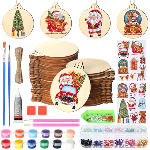 Zhanmai 40 Pcs Christmas DIY Craft for Kid Unfinished Wooden Christmas Ornaments Wood Slices with Gem Diamond Painting Sets 5d Round Wooden Xmas - WoodArtSupply