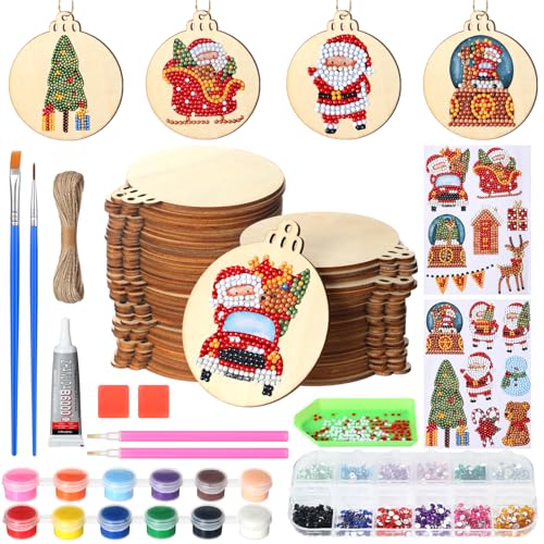 Zhanmai 40 Pcs Christmas DIY Craft for Kid Unfinished Wooden Christmas Ornaments Wood Slices with Gem Diamond Painting Sets 5d Round Wooden Xmas