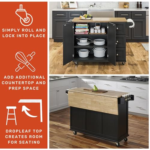 Homestyles Dolly Madison Kitchen Cart with Wood Top and Drop Leaf Breakfast Bar, Rolling Mobile Kitchen Island with Storage and Towel Rack, 54 Inch