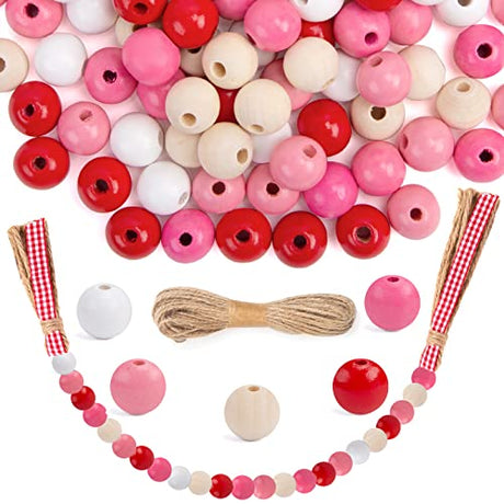 BigOtters 170PCS Valentine's Day Colorful Wooden Beads, Pink Red Round Beads 16mm Natural Polished Boho Farmhouse Spacer Beads with Twines Fringes BigOtters