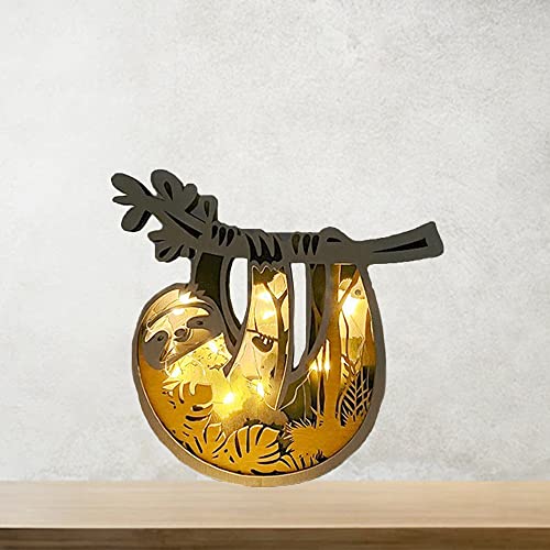 Bijouweled Custom Wooden Animals Desktop Ornament, 3D Natural Animal Decoration with Light, Personlaized Text Wooden Animal Carvings for New Year Bijouweled