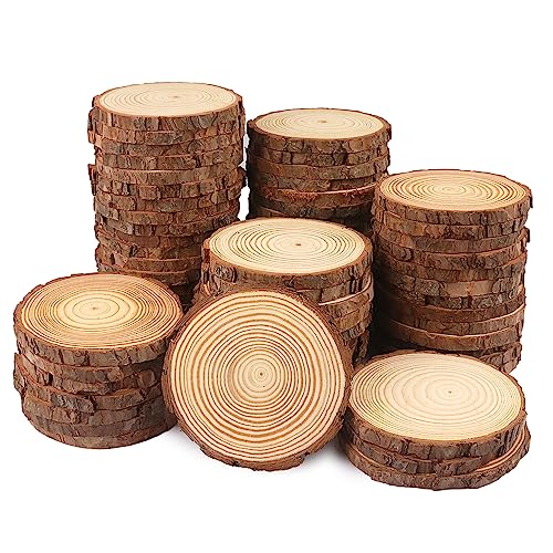 70 PCS 4-4.7 Inch Natural Wood Slices, Unfinished Pine Wood Circles with Barks for Coasters, DIY Crafts, Christmas Rustic Wedding Ornaments and - WoodArtSupply