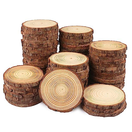70 PCS 4-4.7 Inch Natural Wood Slices, Unfinished Pine Wood Circles with Barks for Coasters, DIY Crafts, Christmas Rustic Wedding Ornaments and GNIEMCKIN
