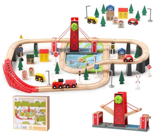 SainSmart Jr. Wooden Train Set for Toddler, 78 PCS Wood Train Track with 4 Cars Fits Brio, Thomas, Melissa and Doug, Gift Packed Toy Railway Kit for SainSmart Jr.
