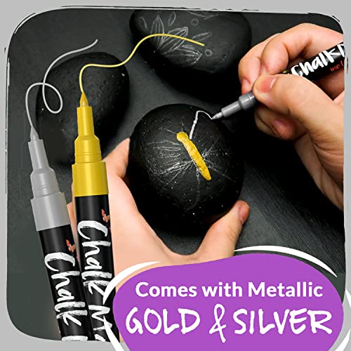 Extra Fine Tip Liquid Chalk Markers (10 Pack) with Gold & Silver - Dry Erase Marker Pens for Blackboard, Windows, Chalkboard Signs, Bistro - 1mm Tip Chalkola